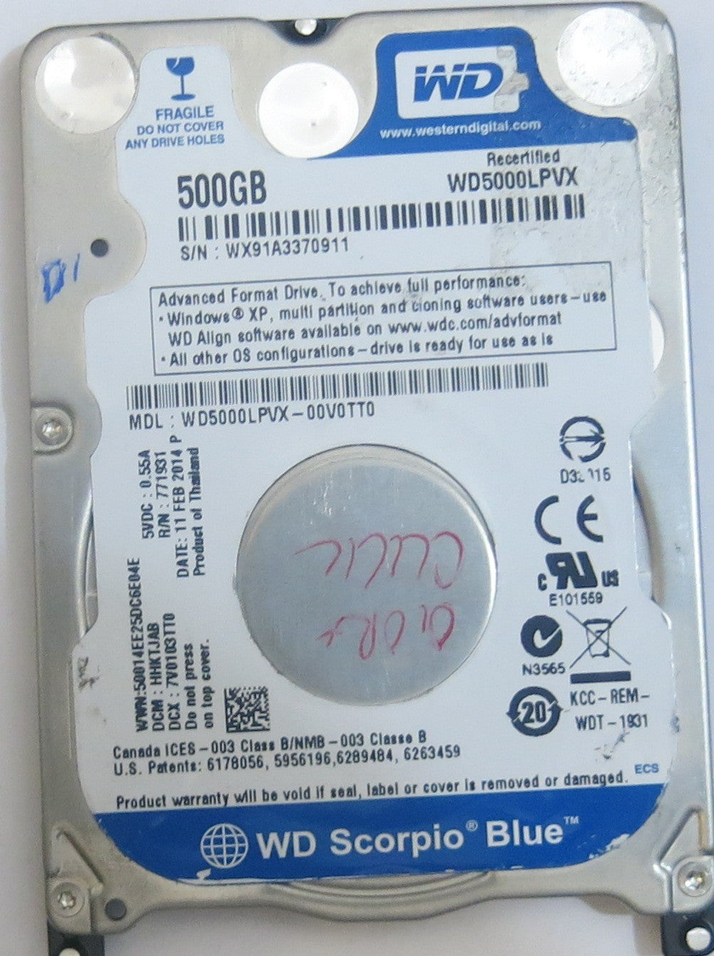 WESTERN DIGITAL WD5000LPVX-00V0TT0 2060-771959-000 REV P2 PCB