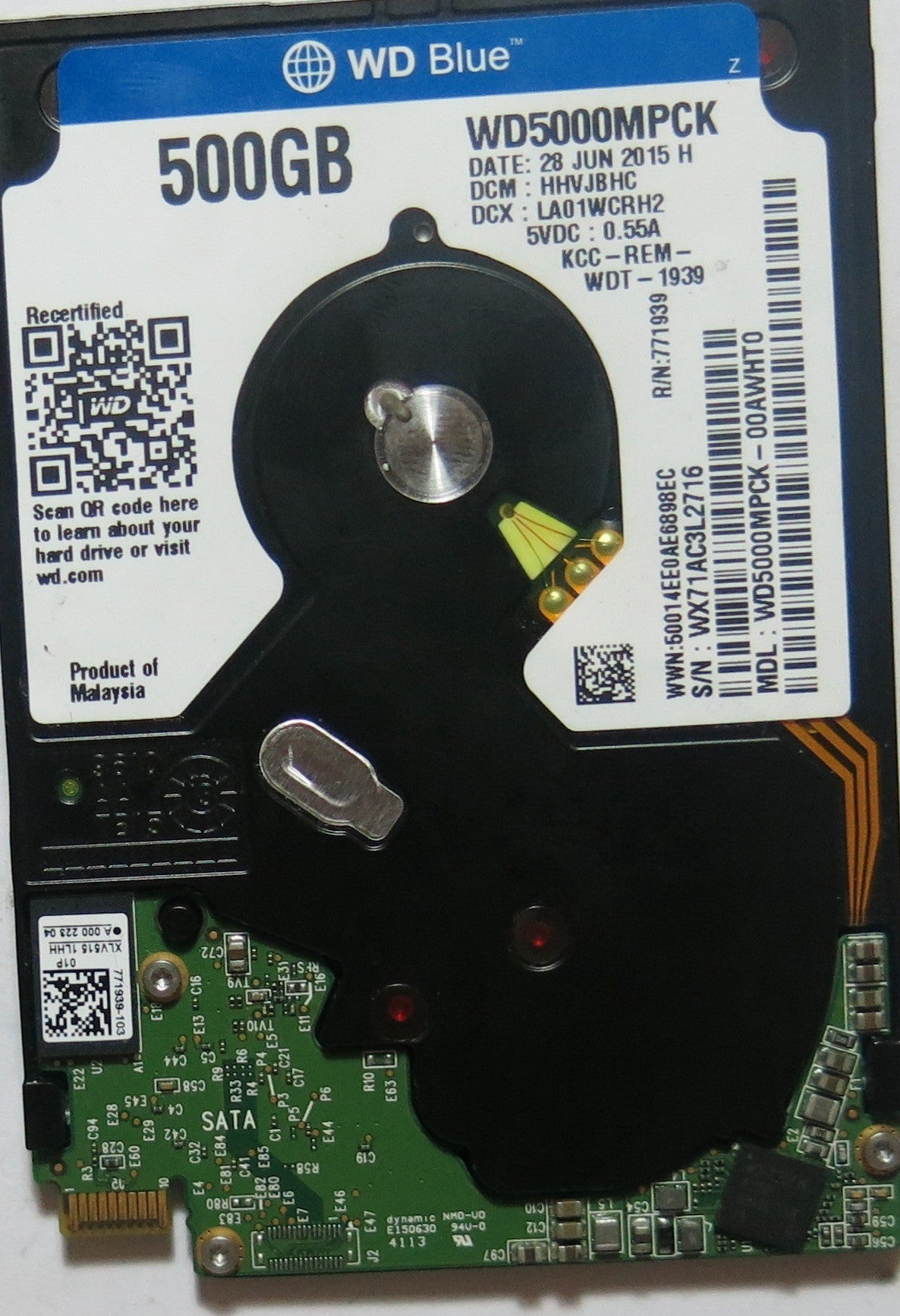 WD5000MPCK'00AWHT0, PCB: 2060-771939-003 REV A, SERIAL: WX71AC3L2716, DCM: HHVJBHC, FW HHVJBHC, 500,GB,