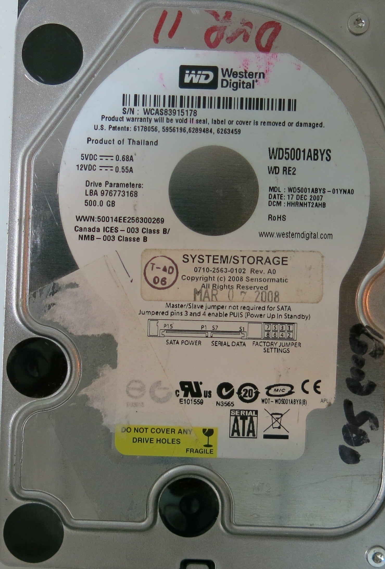 WESTERN DIGITAL WD5001ABYS-01YNAO PCB 2060-701477-002 REV A,  500.GB