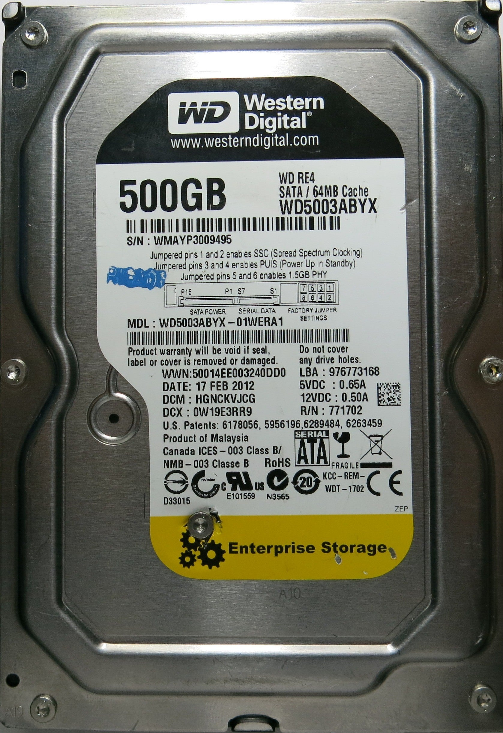 WESTERN DIGITAL WD5003ABYX-01WERA1DCM HGNCKVJCG 2060-771702-001 REV A PCB