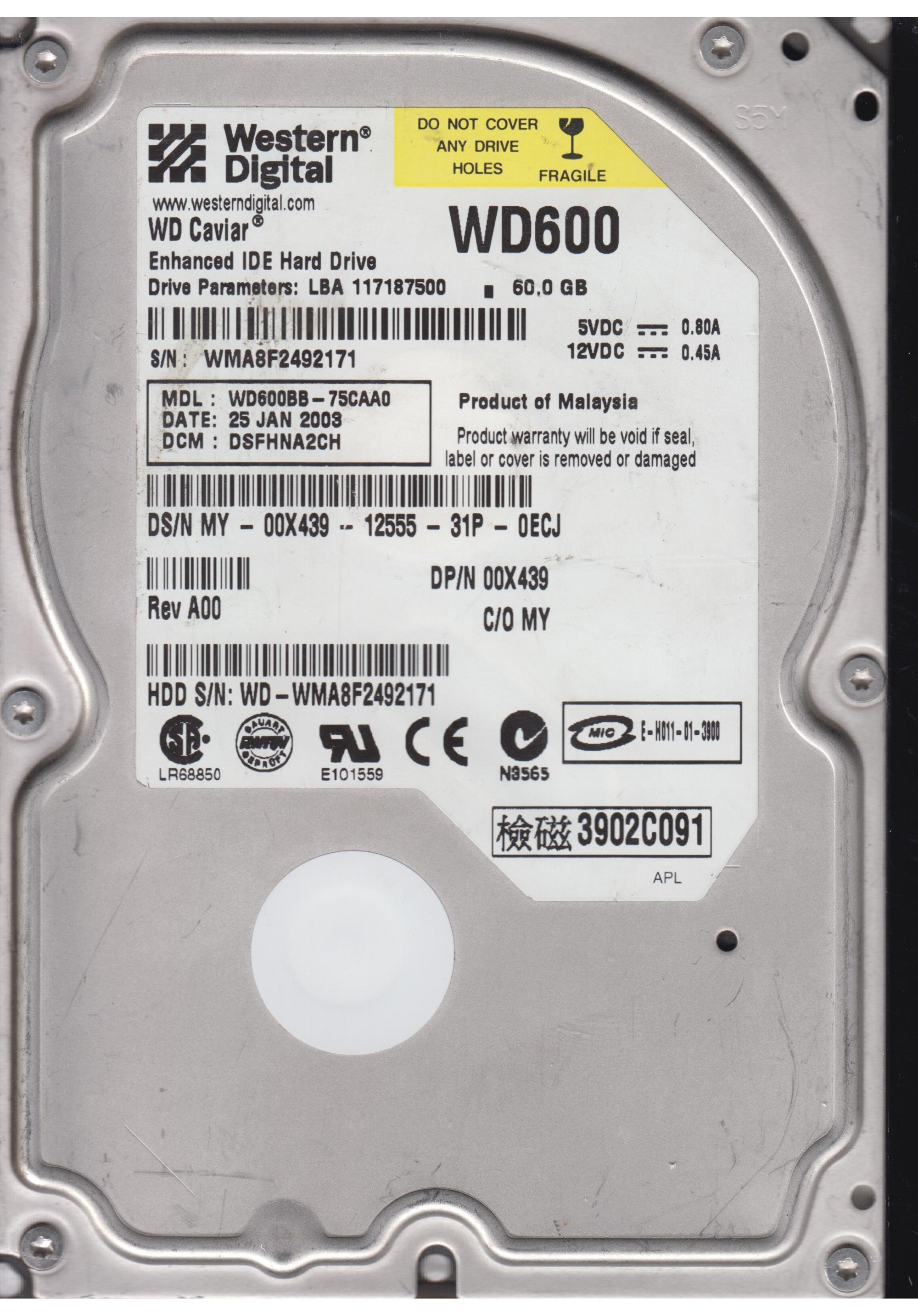 WD600BB-75CAA0,PCB:2060 001092 007,60GB 3.5