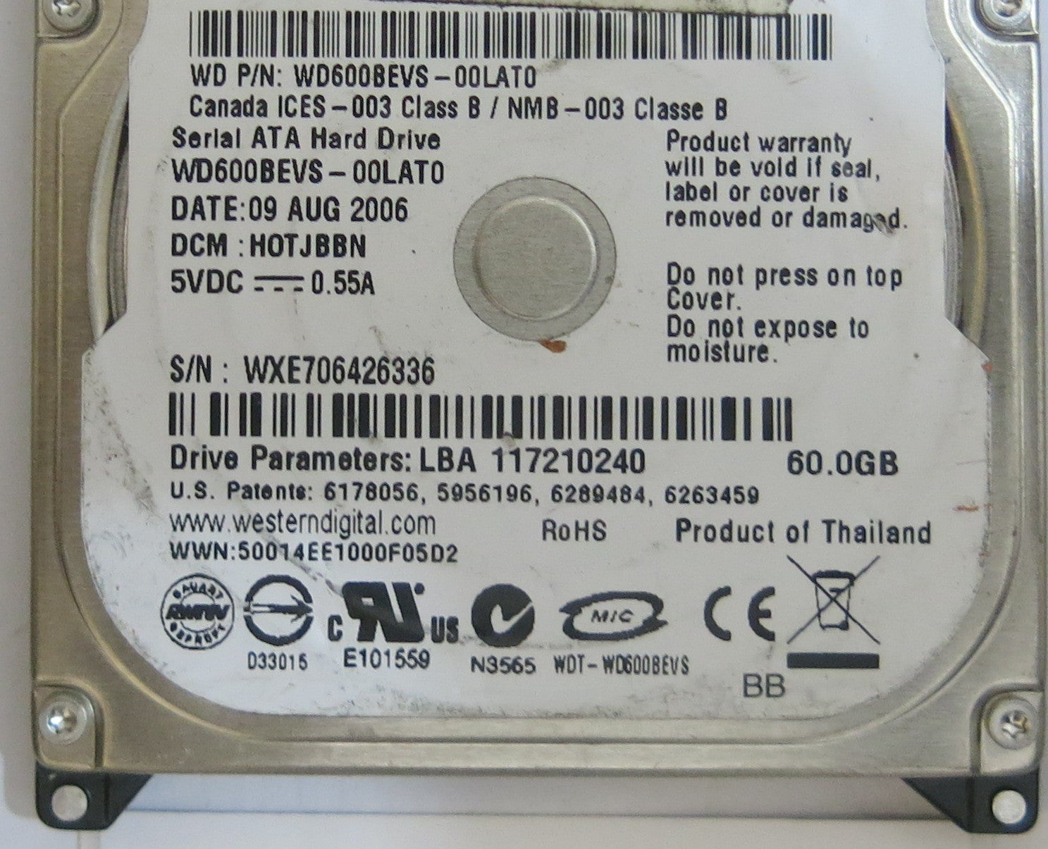 WESTERN DIGITAL WD600BEVS-00LAT0 2060-701424-007 REV A PCB