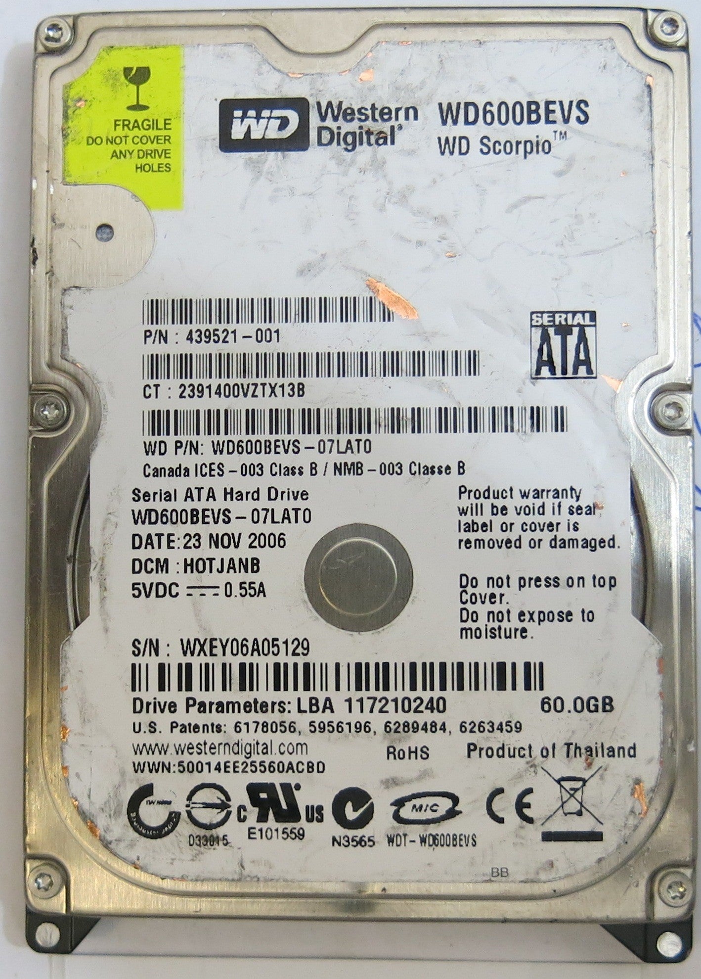 WESTERN DIGITAL WD600BEVS-07LAT0 2060-701424-007 REV A PCB