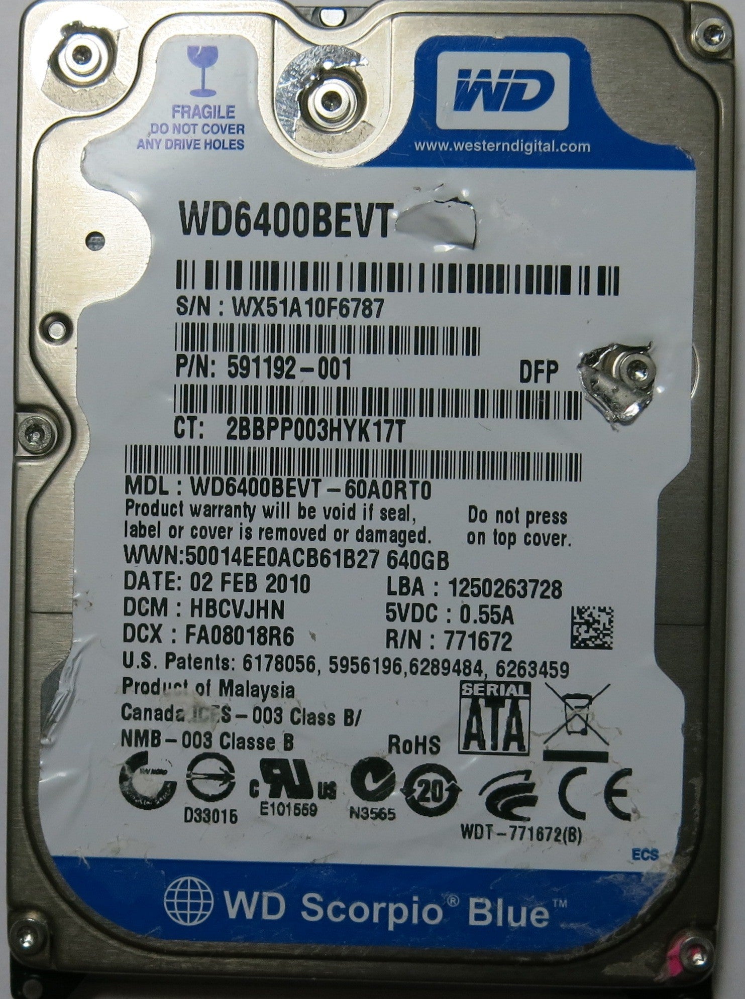 WESTERN DIGITAL WD6400BEVT-60A0RT0 2060-771672-004 PCB