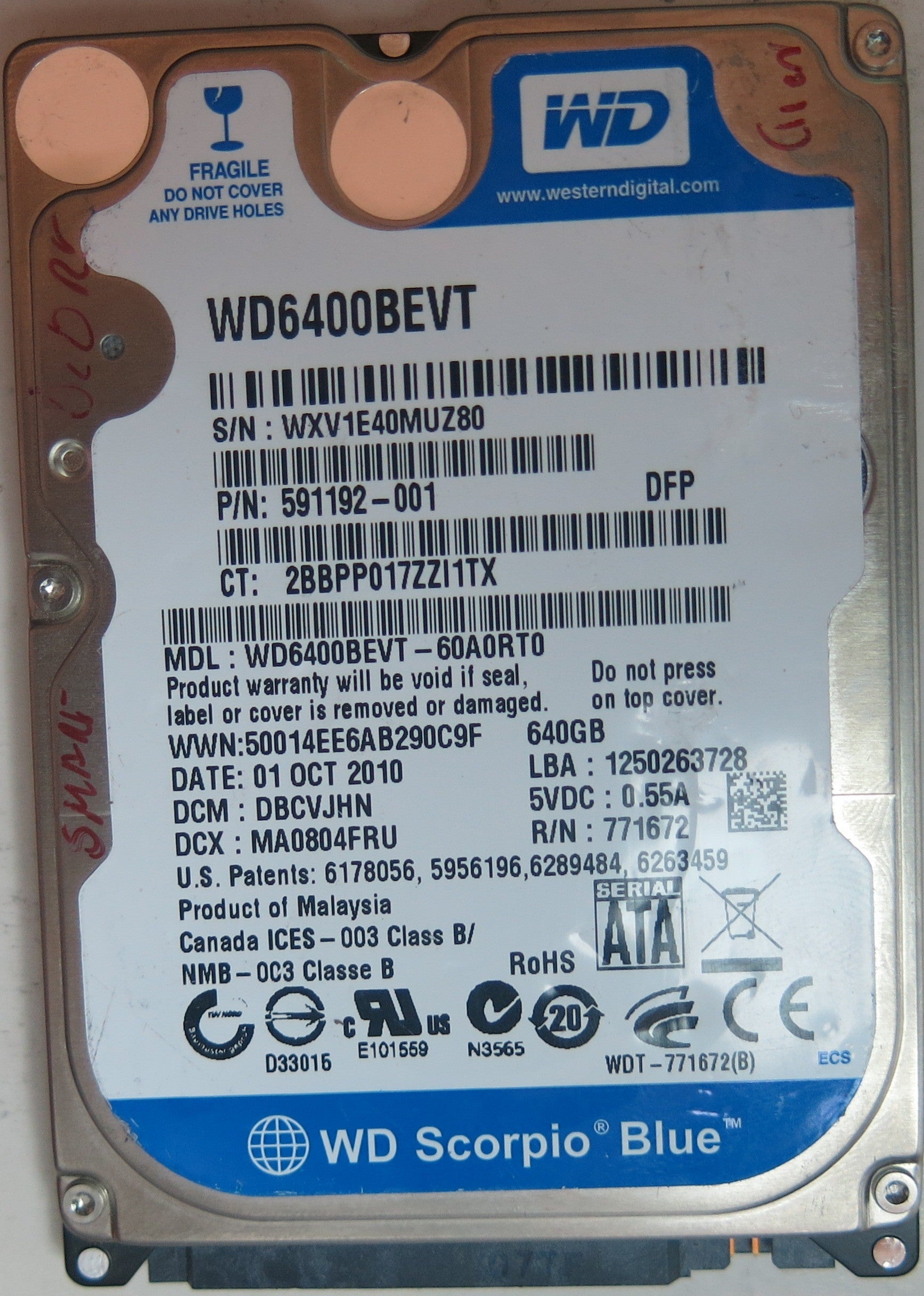 WESTERN DIGITAL WD6400BEVT-60A0RT0 DCM DBCVJHN 640GB
