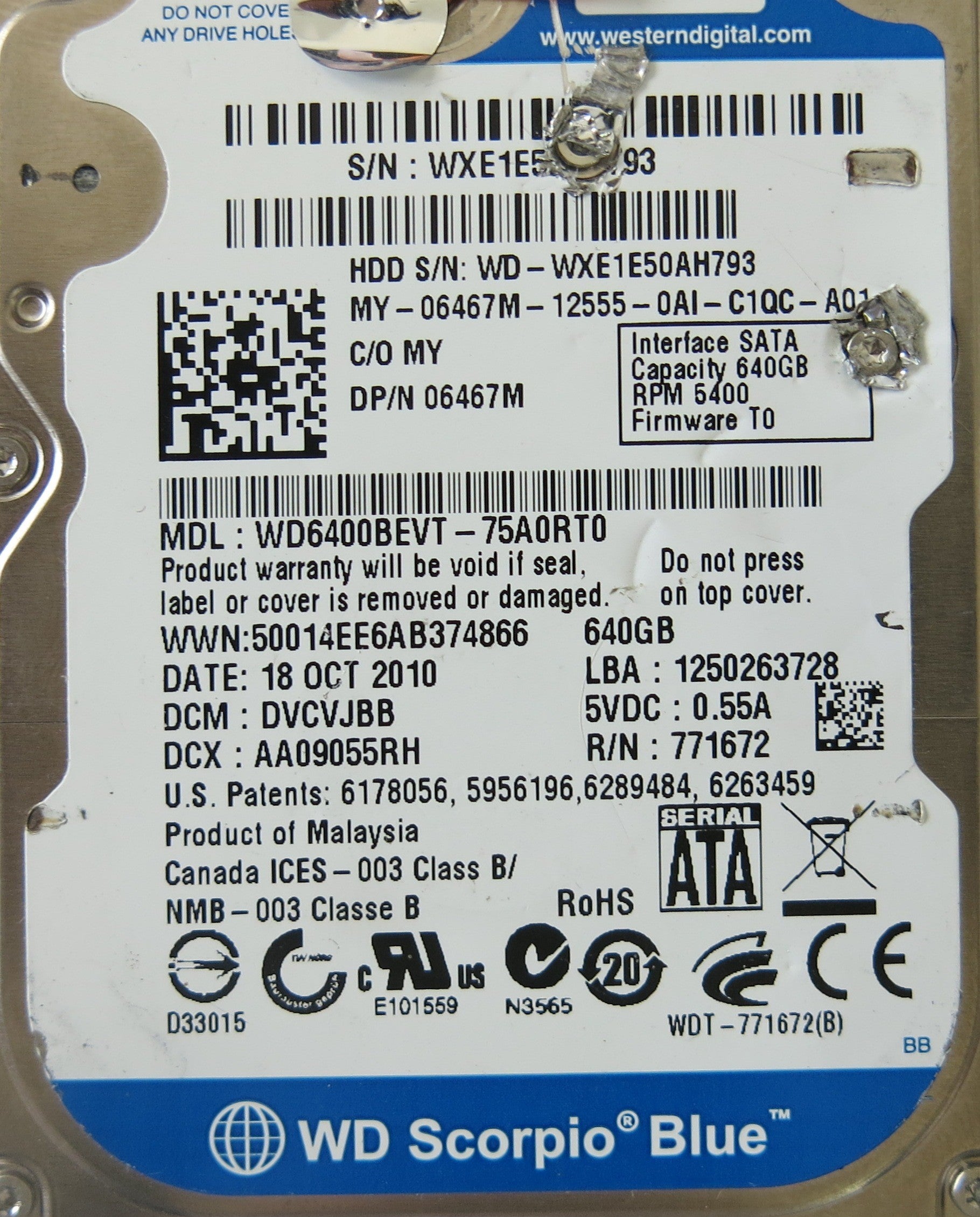 WESTERN DIGITAL WD6400BEVT-75A0RT DCM DVCVJBB  2060-771672-004 REV A PCB