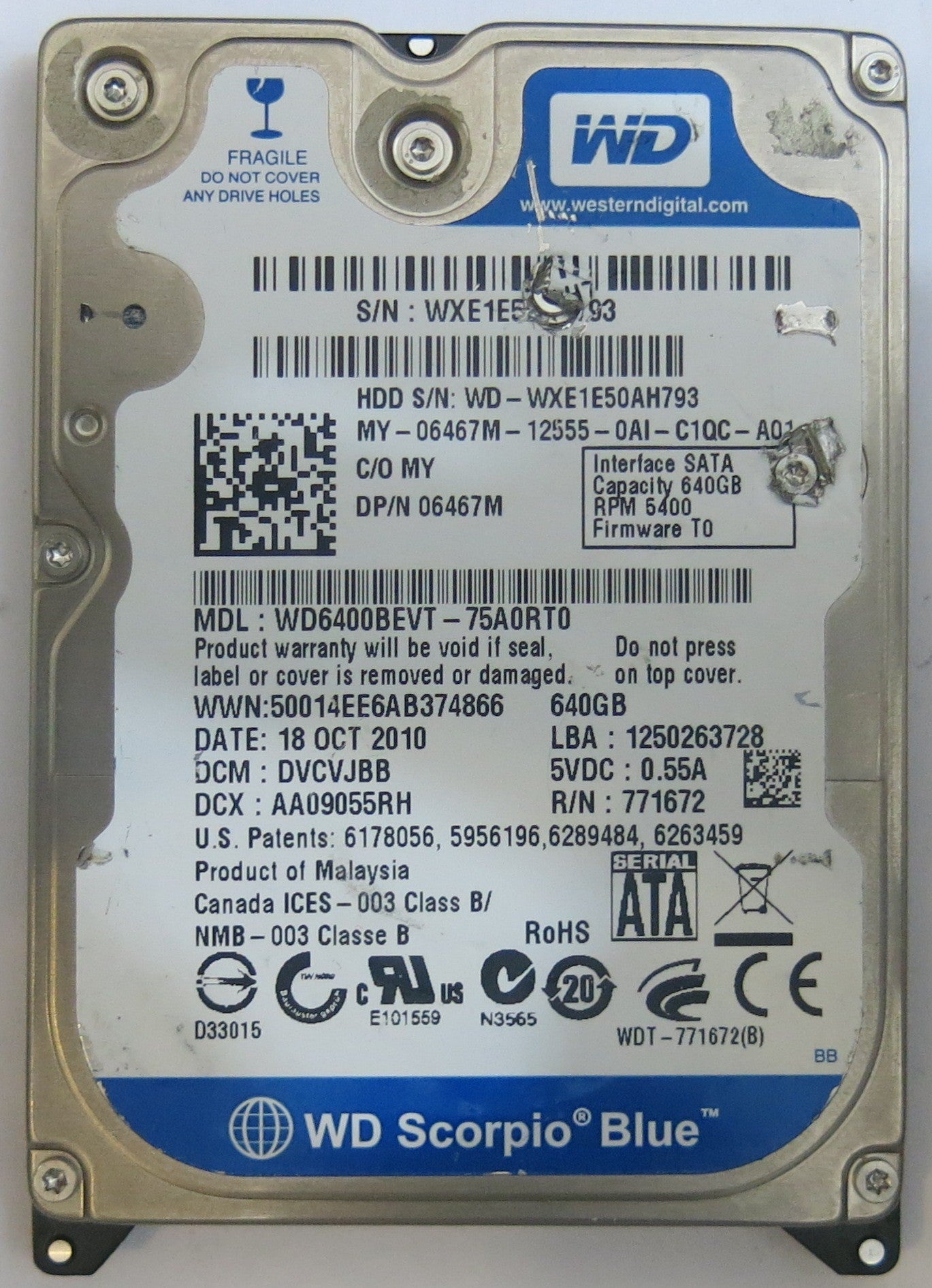WESTERN DIGITAL WD6400BEVT-75A0RT0 2060-771672-004 REV A PCB
