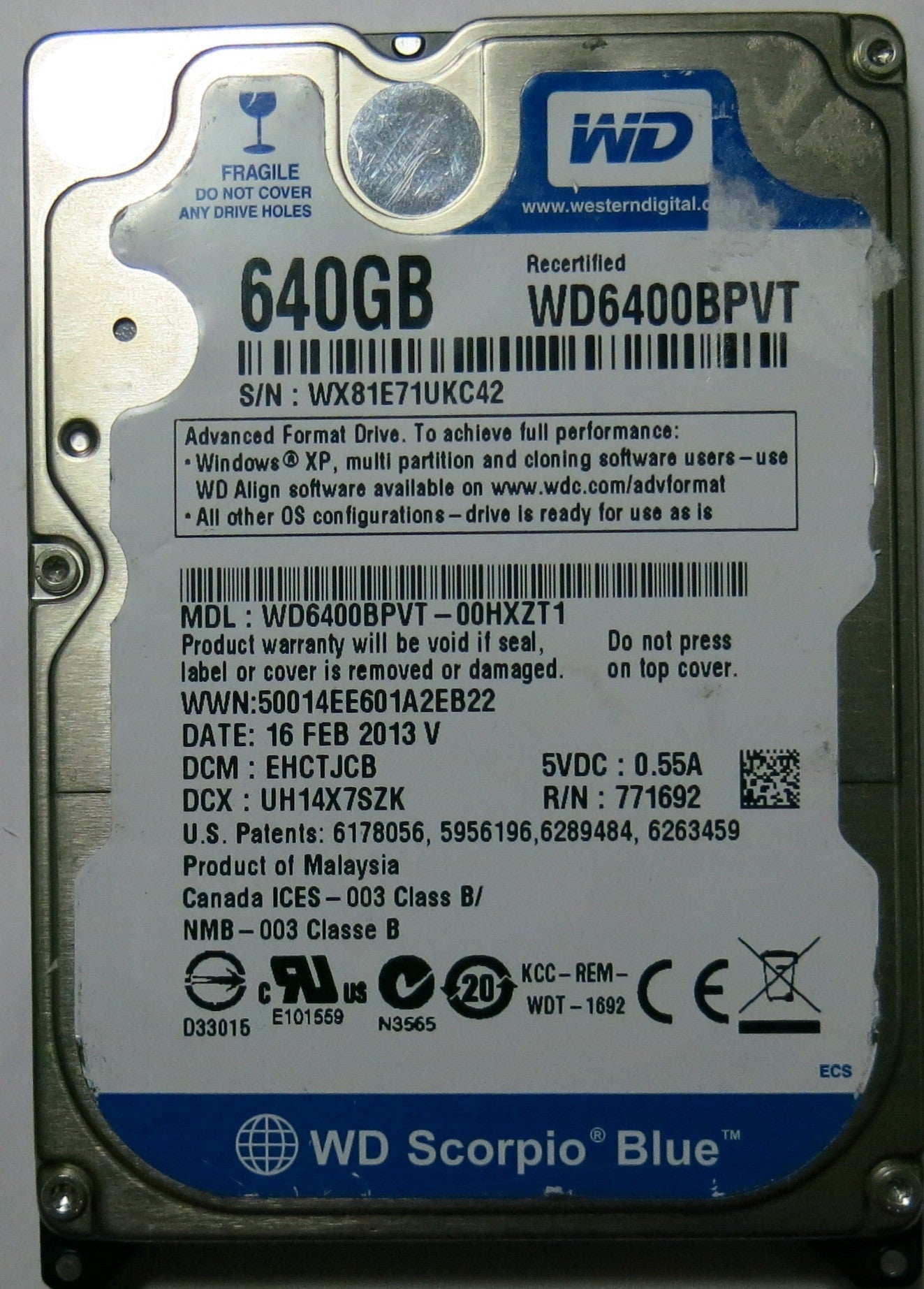 WESTERN DIGITAL WD6400BPVT-00HXZT1 2060-771692-005 PCB