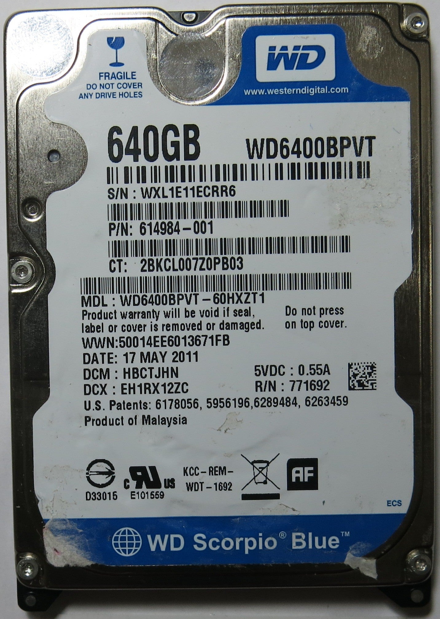 WESTERN DIGITAL WD6400BPVT-60HXZT1 2060-771692-002 PCB