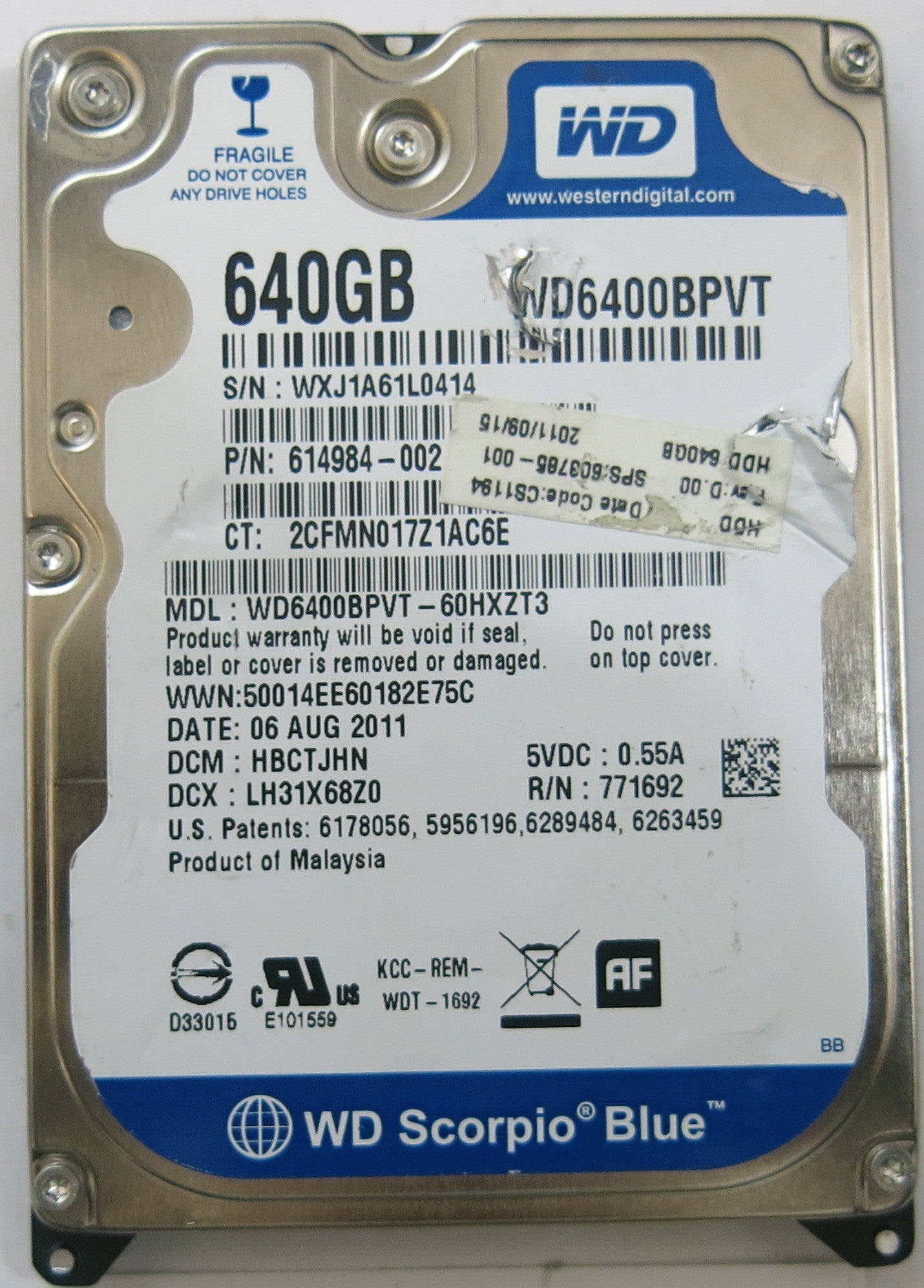 WESTERN DIGITAL WD6400BPVT-60HXZT3 2060-771820-000 REV P1 PCB