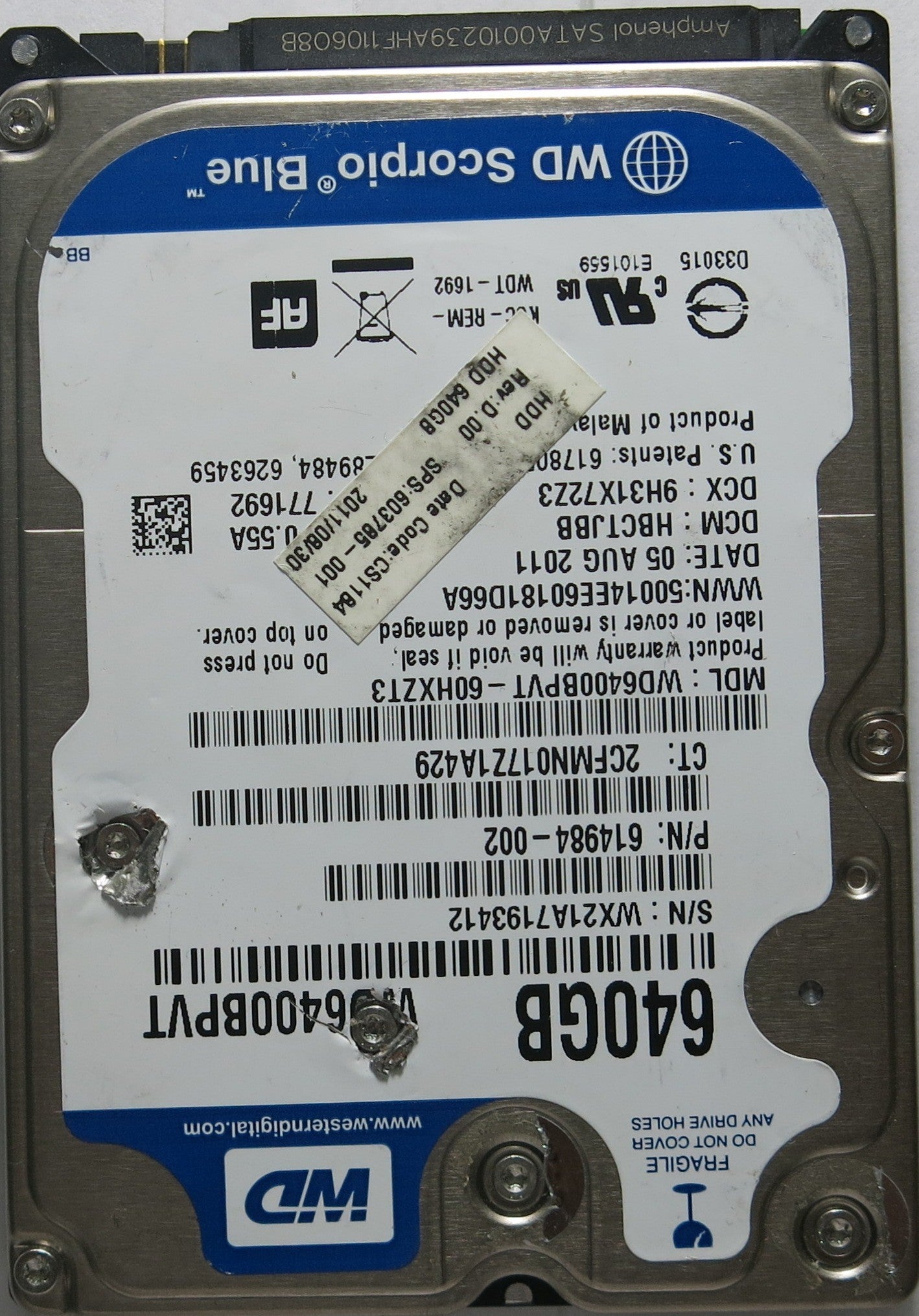 WESTERN DIGITAL WD6400BPVT-60HXZT3 P/N 614984-002 P/N 2060-771820-000 REV P1PCB