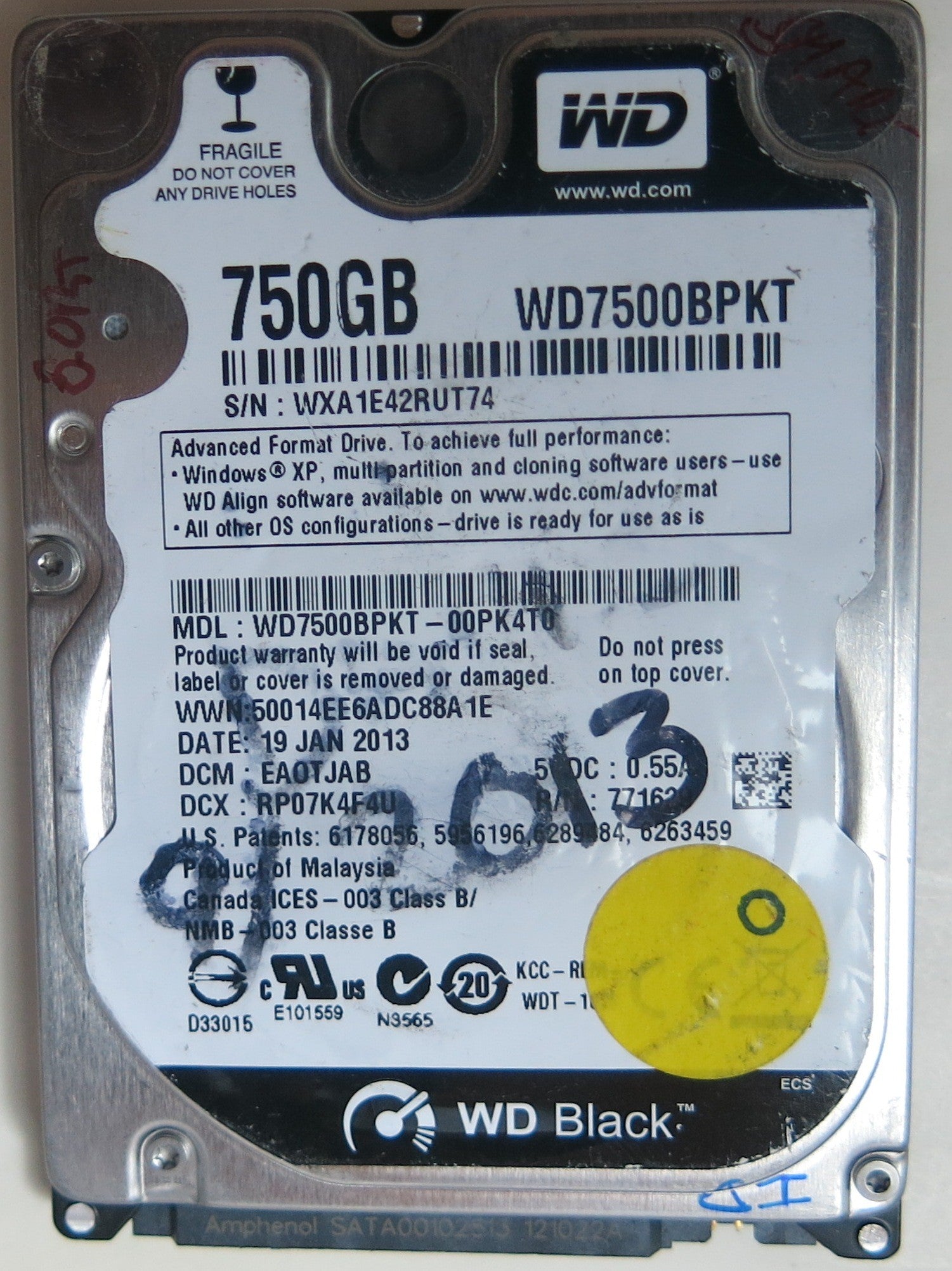 WD7500BPKT-00PK4T0 PCB: 2060-771629-006 REV A SERIAL NUMBER: WXA1E42RUT74 DCM EA0TJAB 750GB
