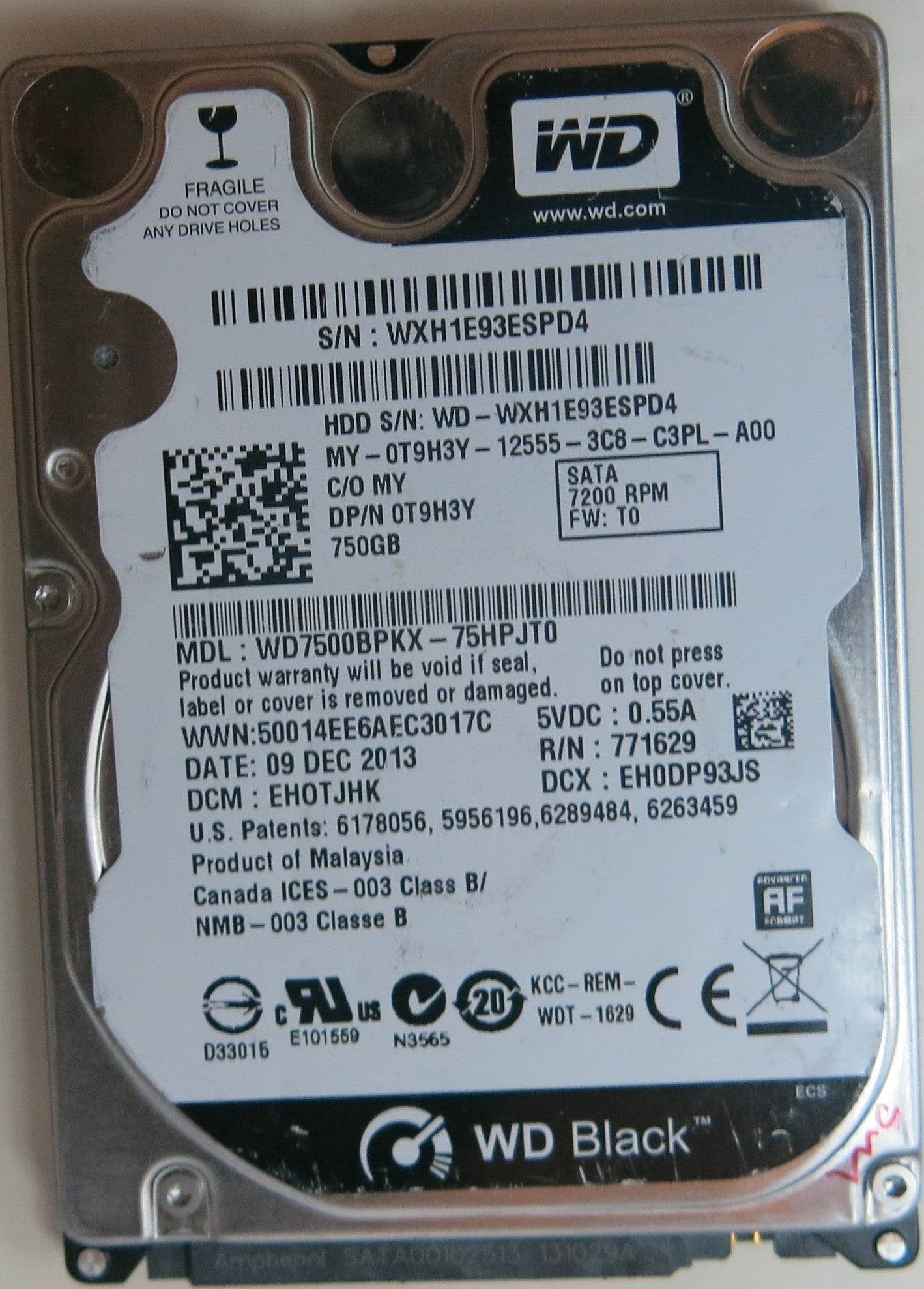 WD7500BPKX-75HPJT0 PCB: 2060-771629-006 REV A SERIAL NUMBER: WXH1E93ESPD4 DCM EHOTJHK 750GB