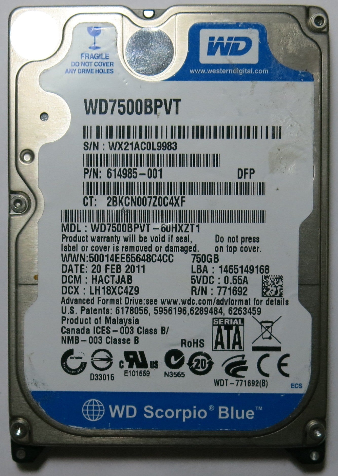 WESTERN DIGITAL WD7500BPVT-60HXZT1 2060--771692-002 PCB