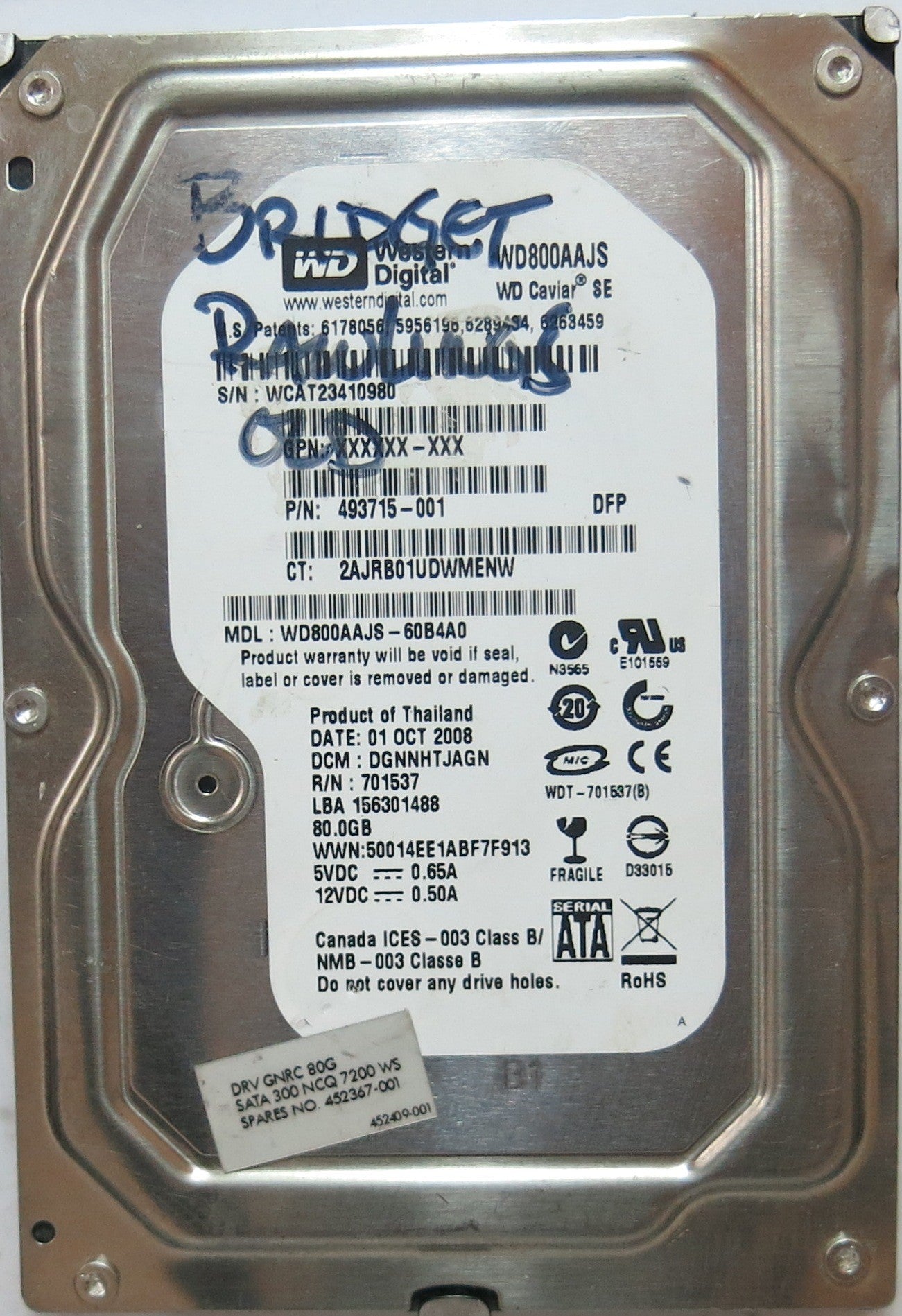 WD800AAJS'60B4A0 PCB: 2060-701537-003 REV SERIAL: WCAT23410980 DCM: DGNNHTJAGN FW DGNNHTJAGN  80,GB