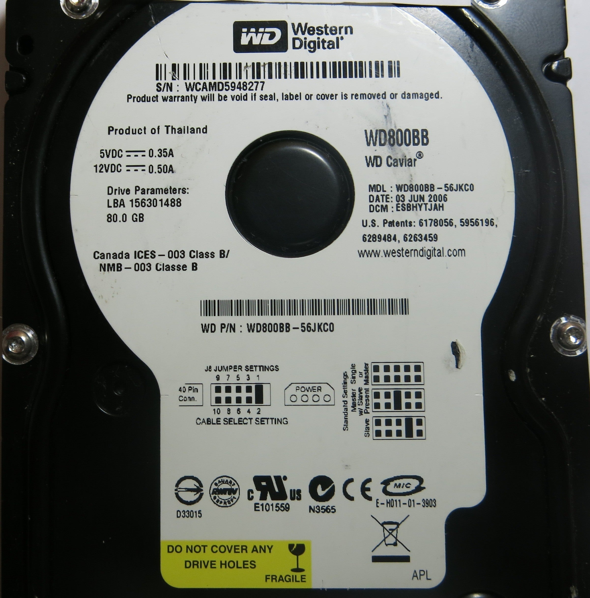 WESTERN DIGITAL WD800BB-56JKC0 2060-701292-000 REV A RCB