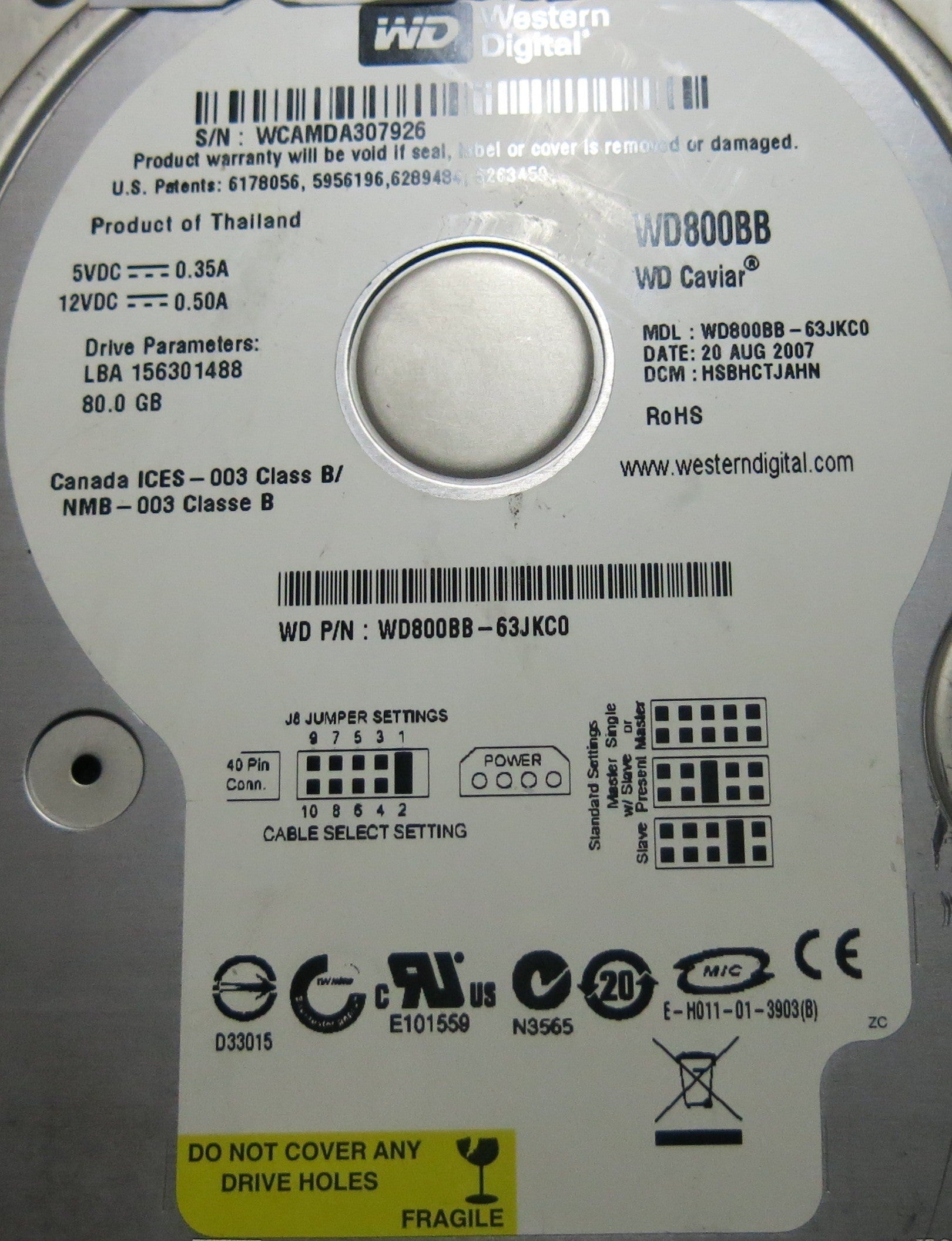 WESTERN DIGITAL WD800BB-63JKC0 2060-701292-002 REV A PCB