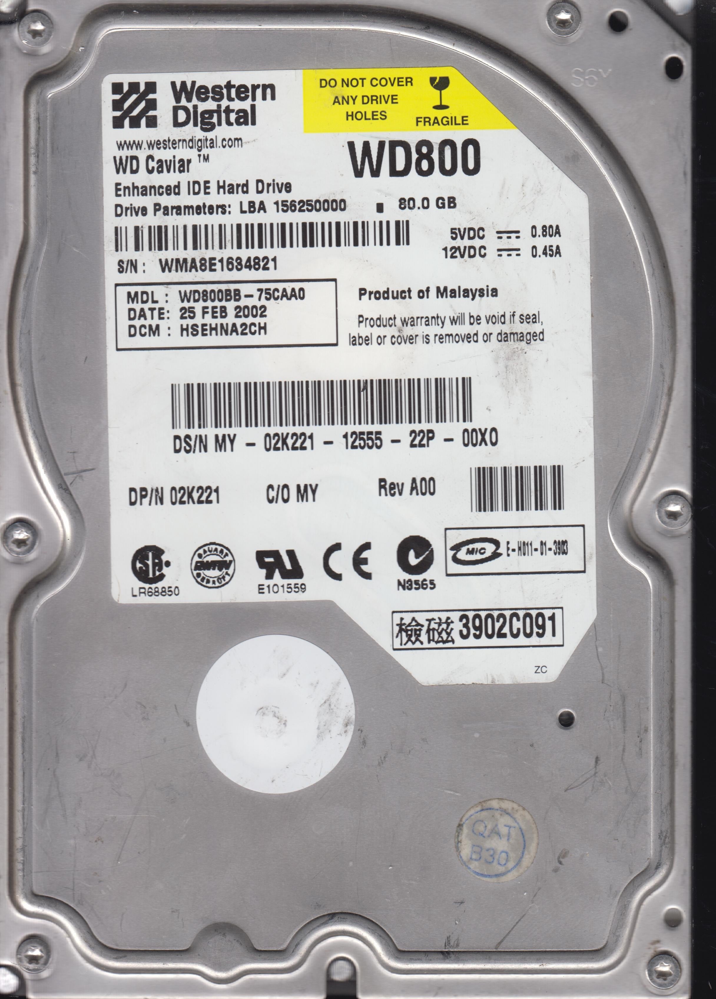 WESTERN DIGITAL WD800BB-75CACO DCM HSEHNA2CH 80GB 3.5