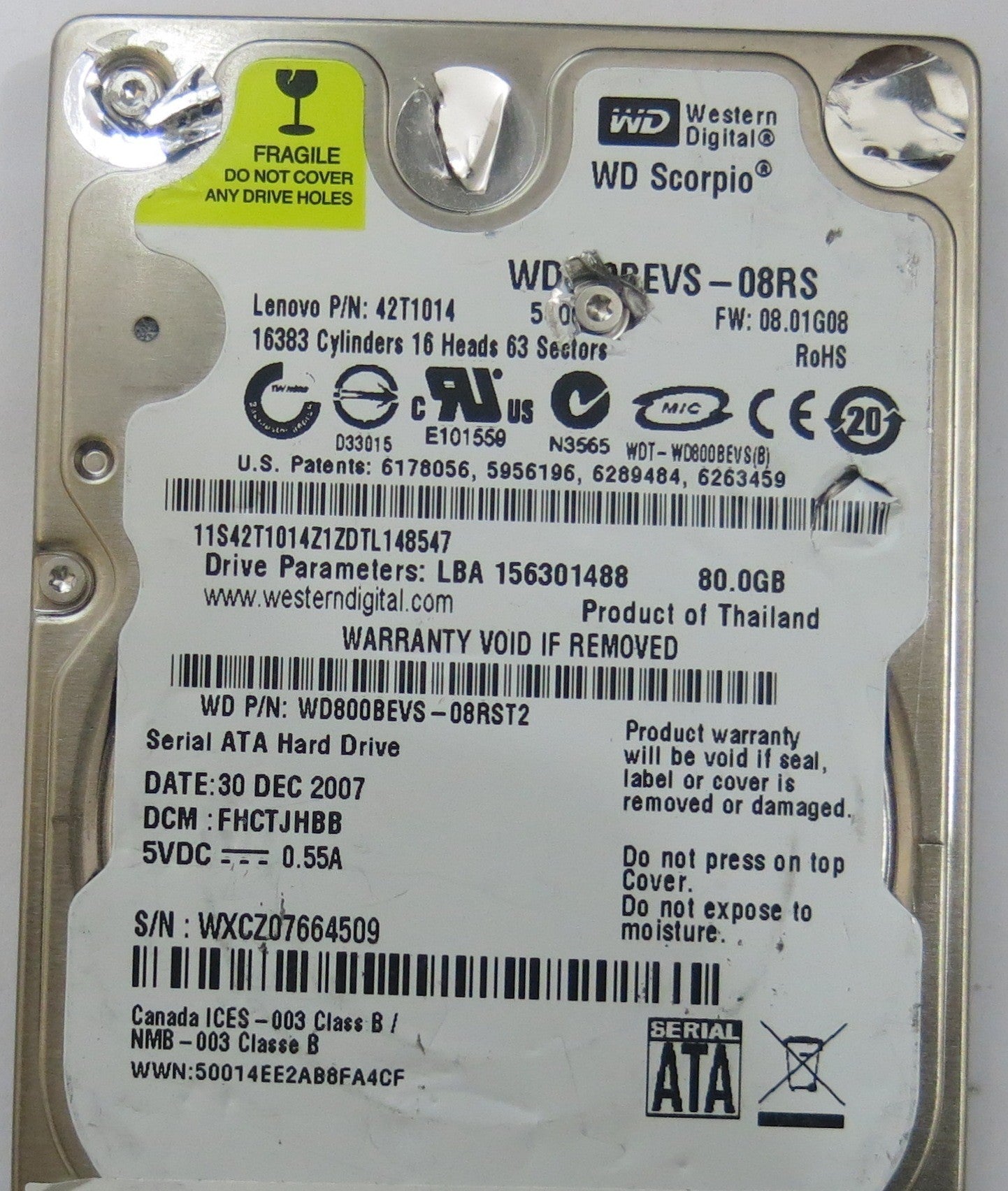 WESTERN DIGITAL WD800BEVS-08RST2 2060-701450-011 REV A PCB
