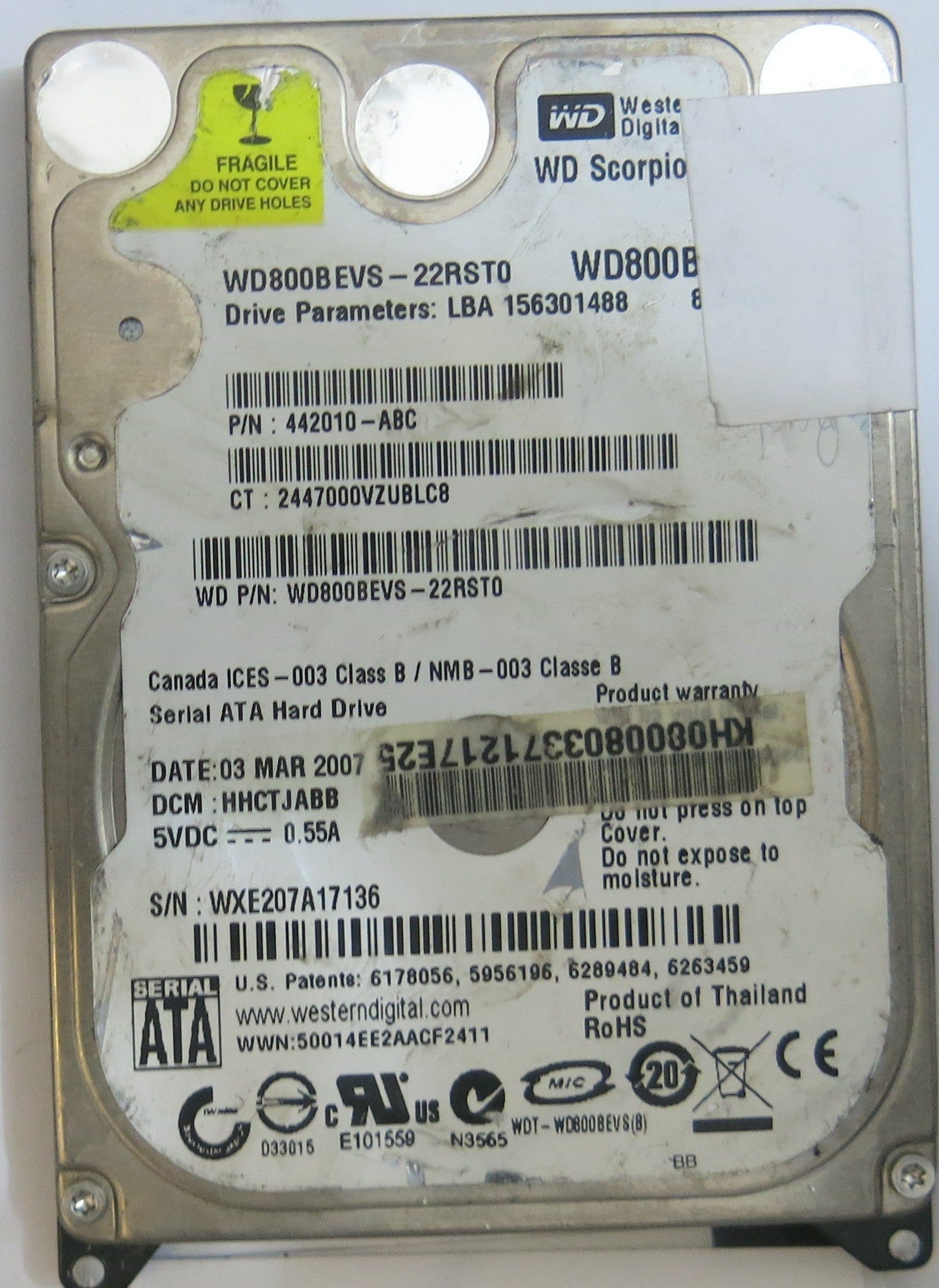 WESTERN DIGITAL WD800BEVS-22RST0 2060-701450-011 REV A PCB