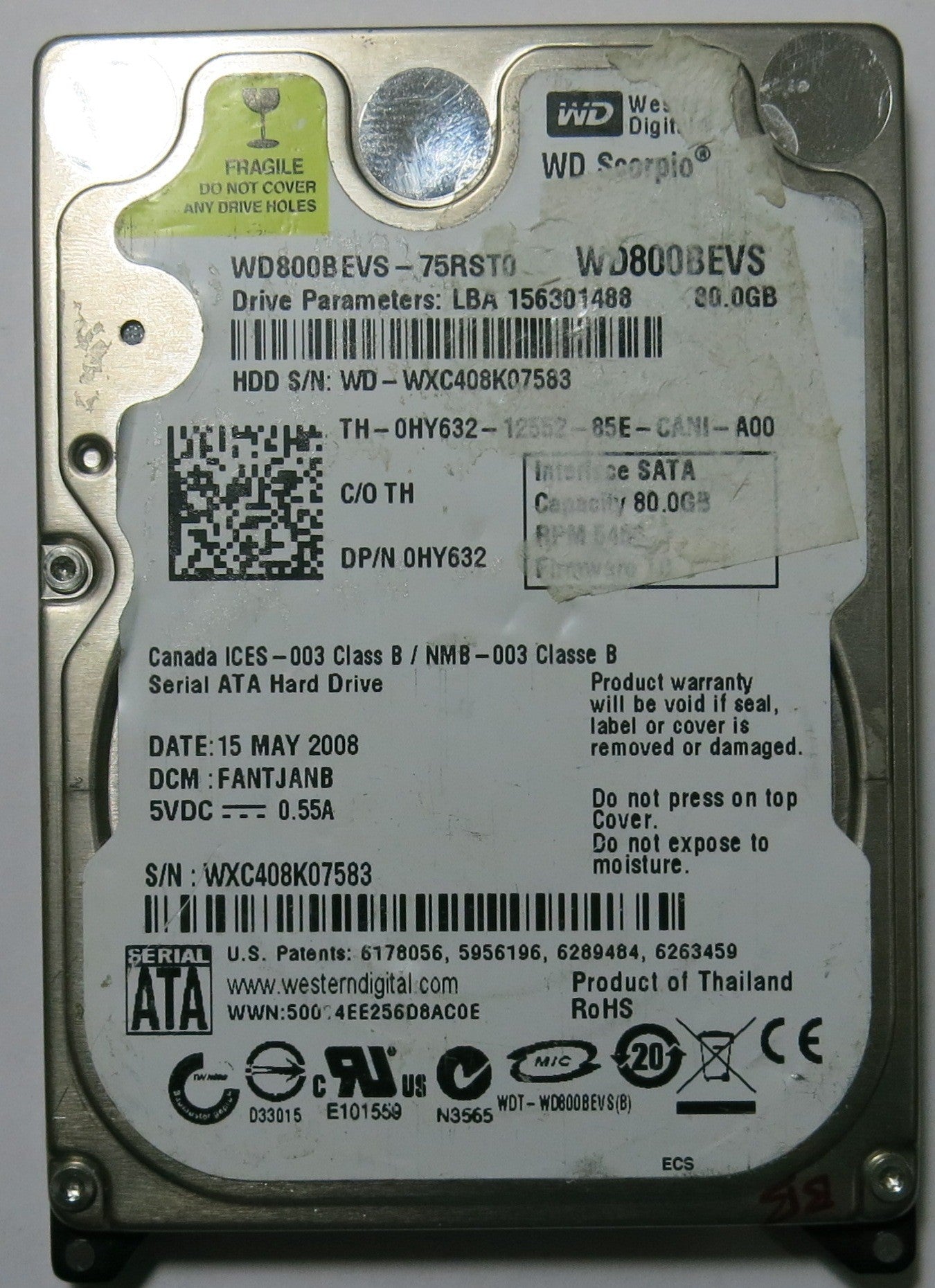 WESTERN DIGITAL WD800BEVS-75RST0 2060-701450-011 PCB