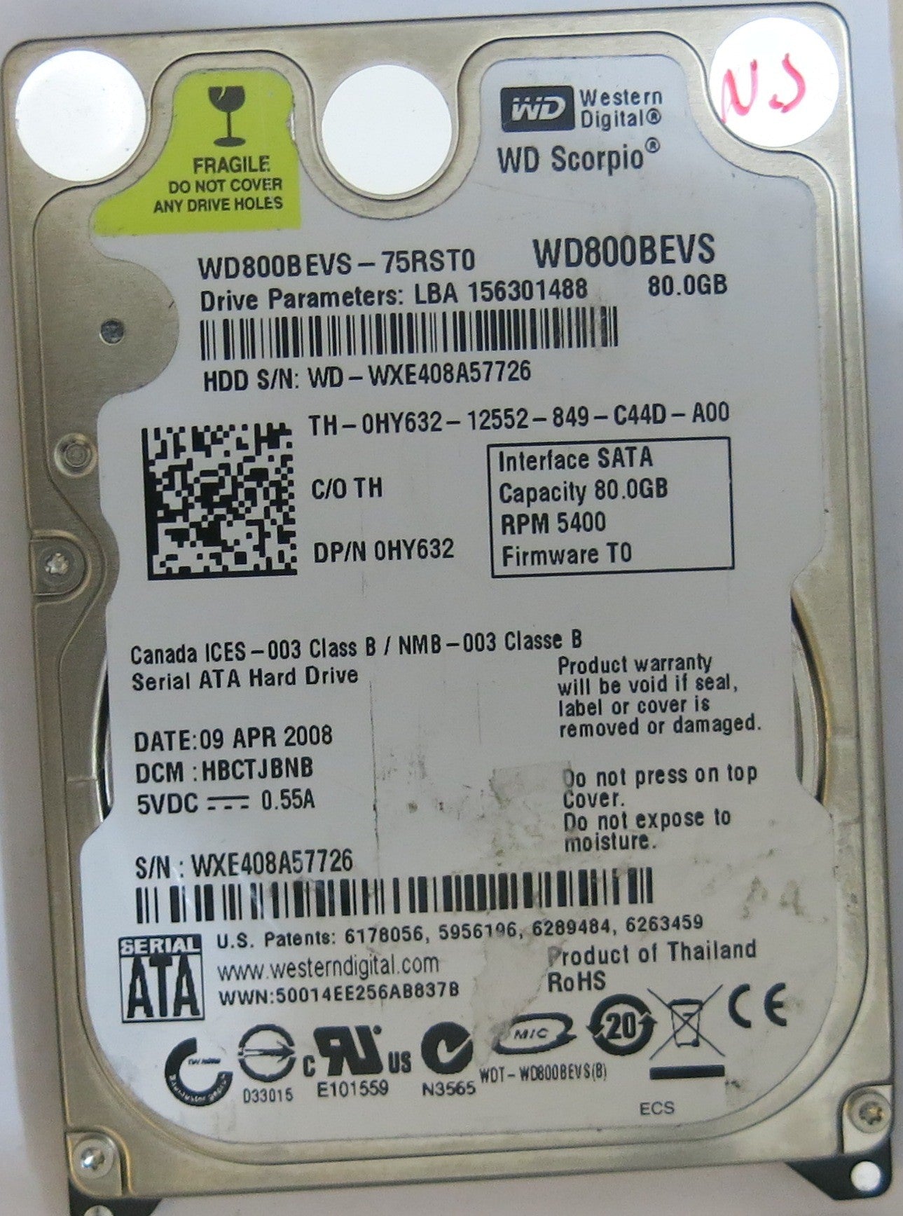 WESTERN DIGITAL WD800BEVS-75RST0 2060-701450-011 REV A PCB