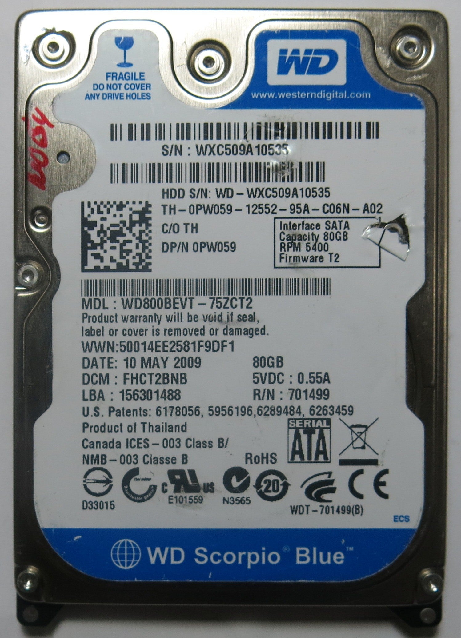 WESTERN DIGITAL WD800BEVT-75ZCT2 2060-701499-000 REV A PCB