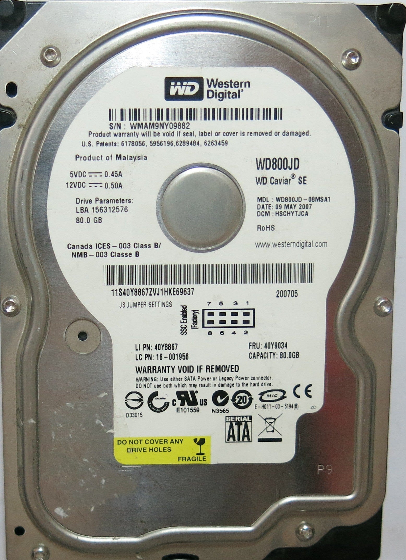 WD800JD-08MSA1 PCB: 2060-701335-005 REV A SERIAL WMAM9NY09882 DCM HSCHYTJCA FW HSCHYTJCA  80,GB