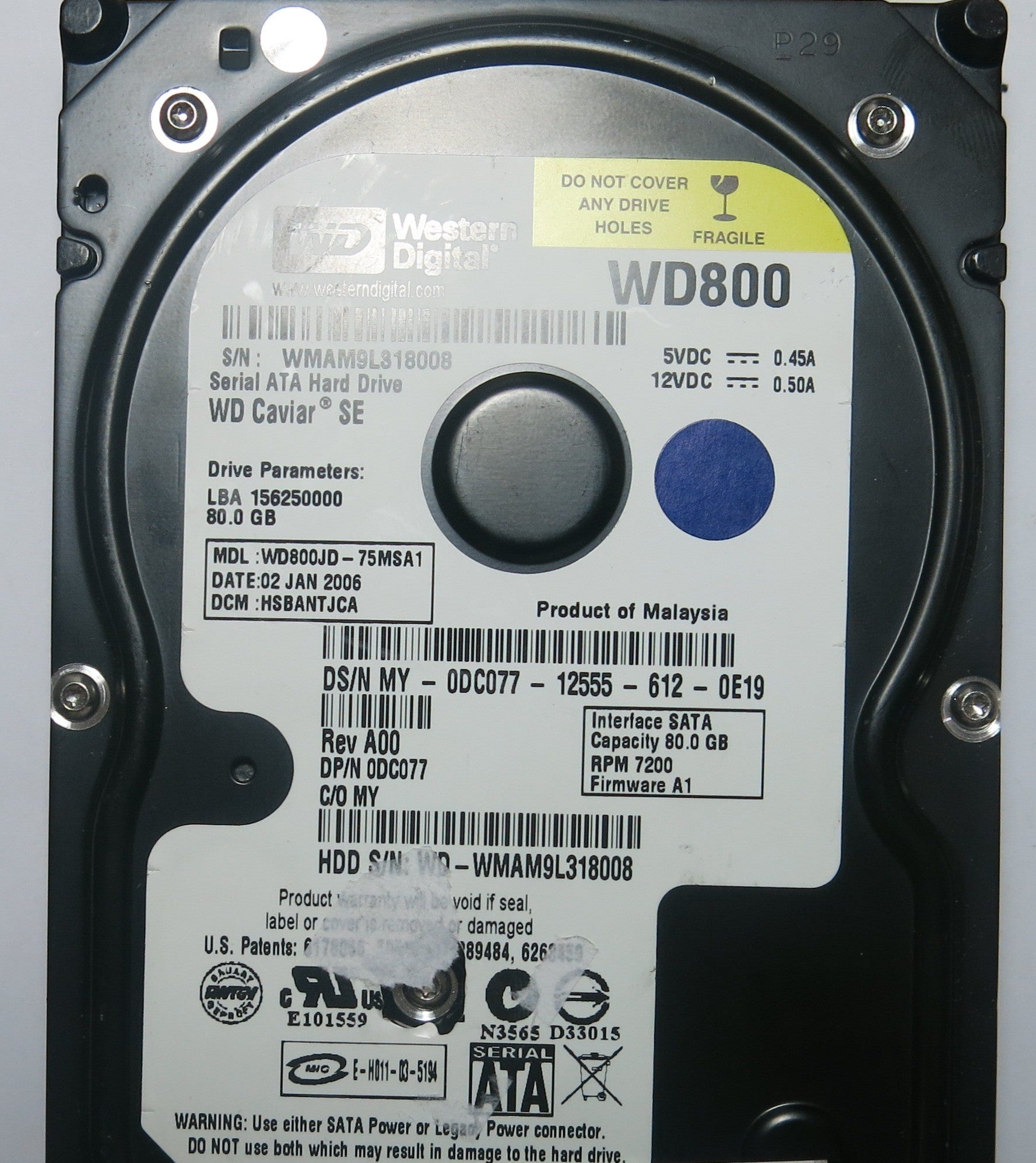 WESTERN DIGITAL WD800JD-75MSA1 2060-701335-003 REV B PCB LABEL
