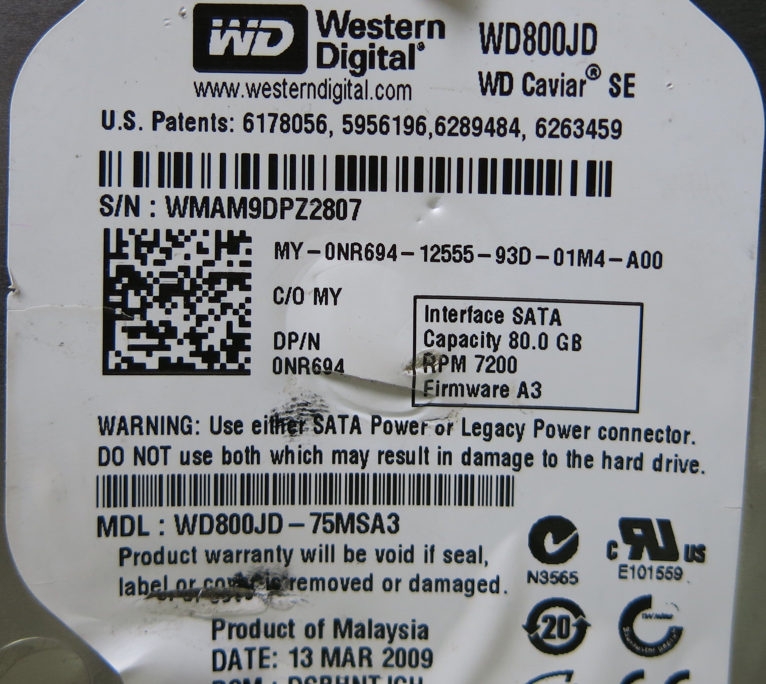 WESTERN DIGITAL WD800JD-75MSA3 2060-701335-007 REV A PCB