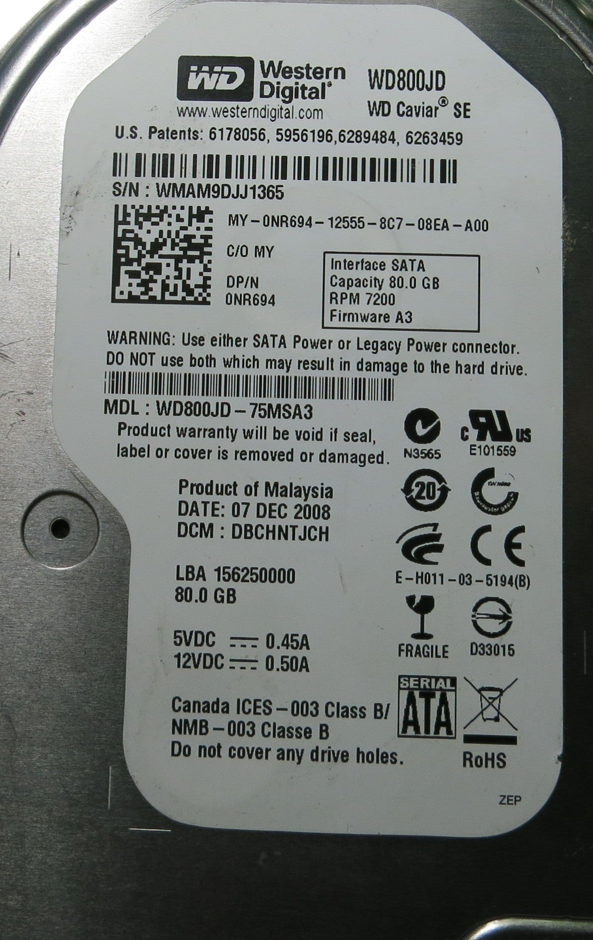 WESTERN DIGITAL WD800JD-75MSA3 DCM DBCHNTJCH 2060-701335-007 REV A