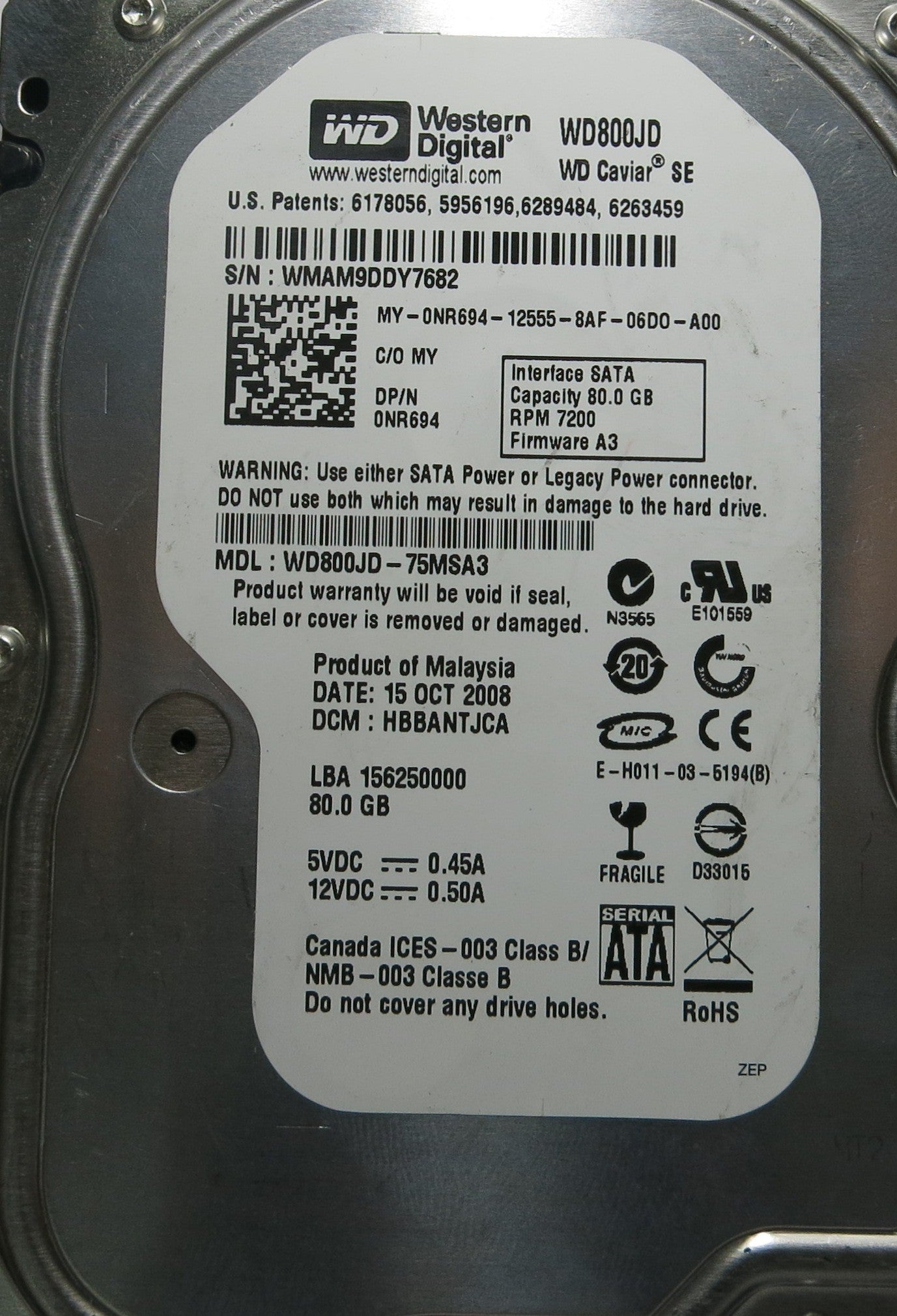 WESTERN DIGITAL WD800JD-75MSA3 DCM HBBANTJCA 2060-701335-007 REV A PCB
