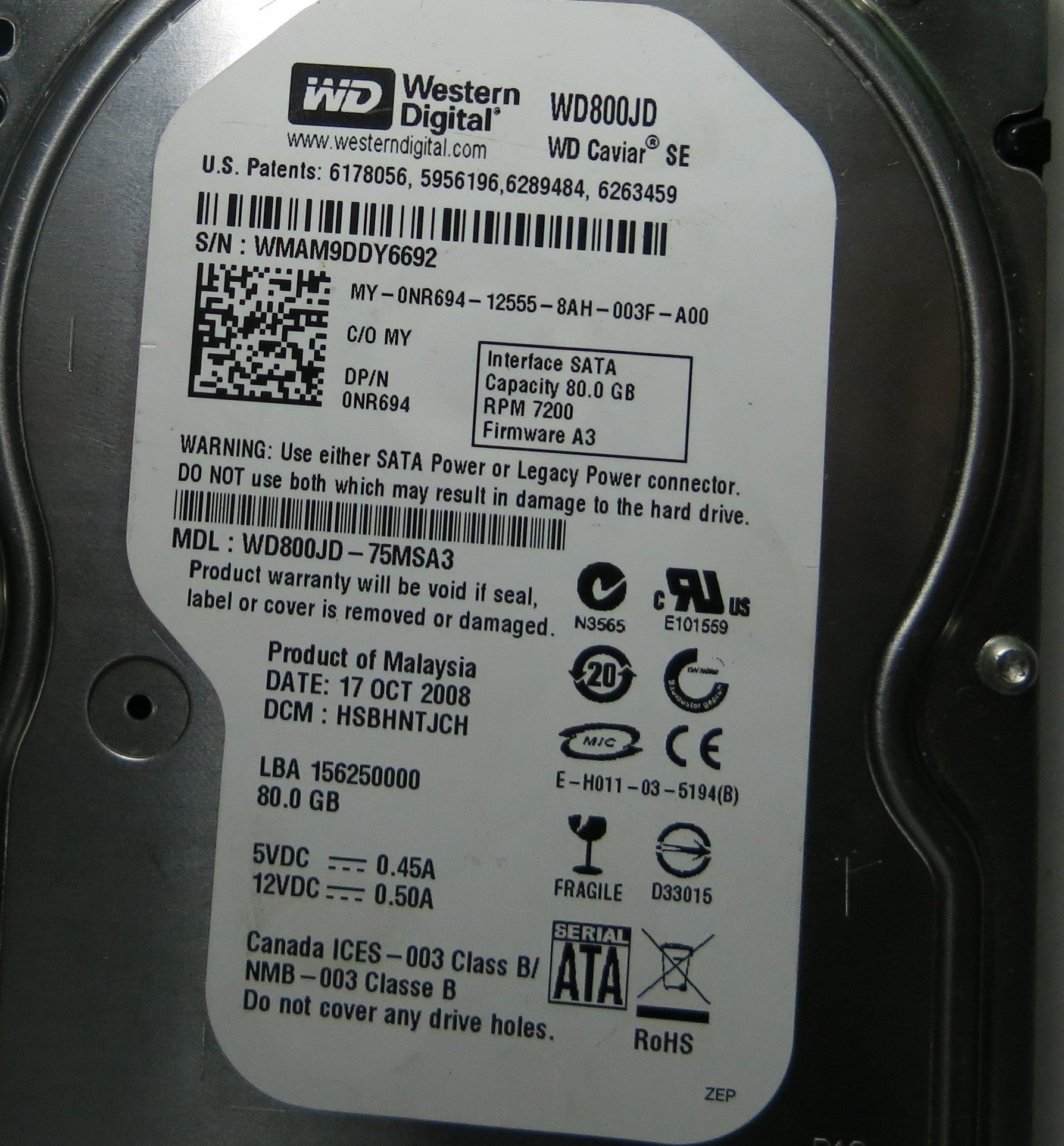 WESTERN DIGITAL WD800JD-75MSA3 DCM HSBHNTJCH 2060-701335-007 REV A