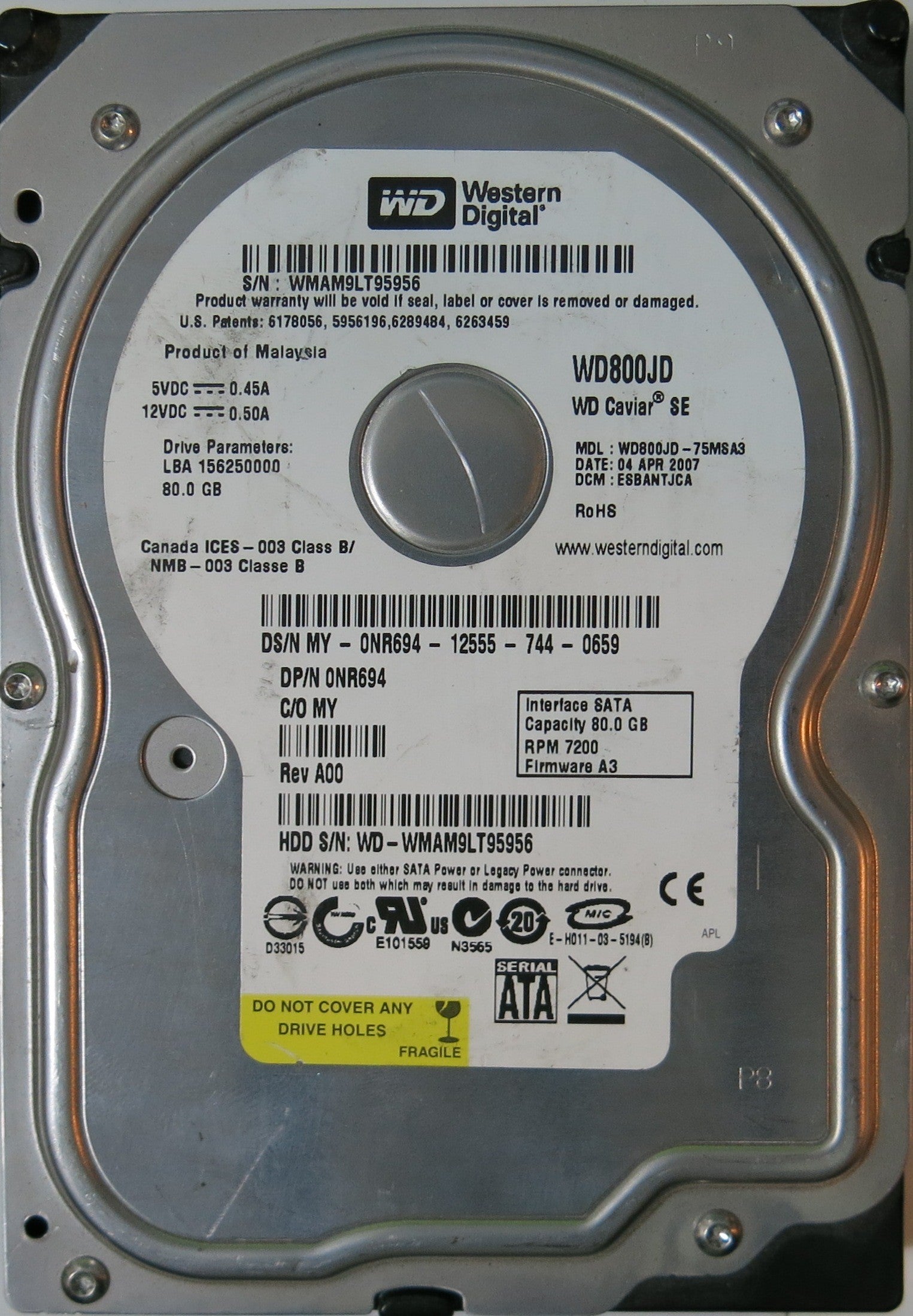 WD800JD-75MSA3 PCB: 2060-701335-055 REV a SERIAL NUMBER: WMAM9LT95956 PN:ONR694 80GB