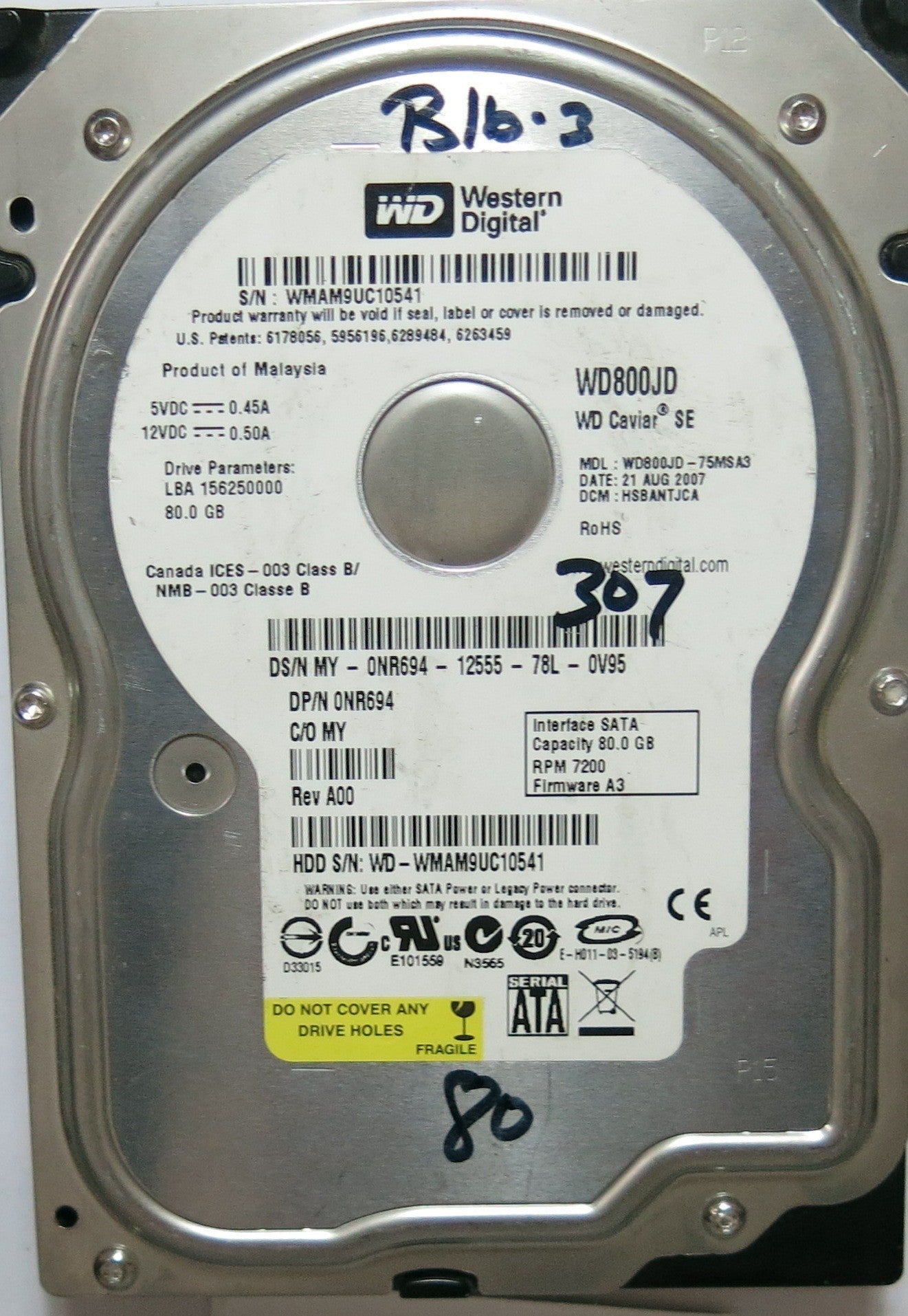 WD800JD-75MSA3 PCB: 2060-701335-005 REV A SERIAL WMAM9UC10541 DCM HSBANTJCA FW HSBANTJCA  80,GB