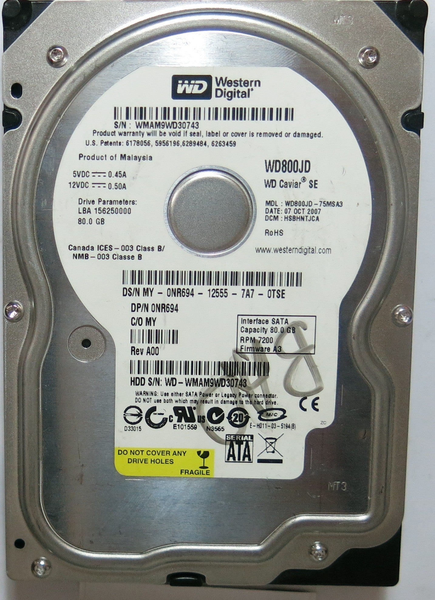 WD800JD-75MSA3 PCB: 2060-701335- 005 REV A SERIAL WMAM9WD30743 DCM HSBHNTJCA FW HSBHNTJCA  80,GB