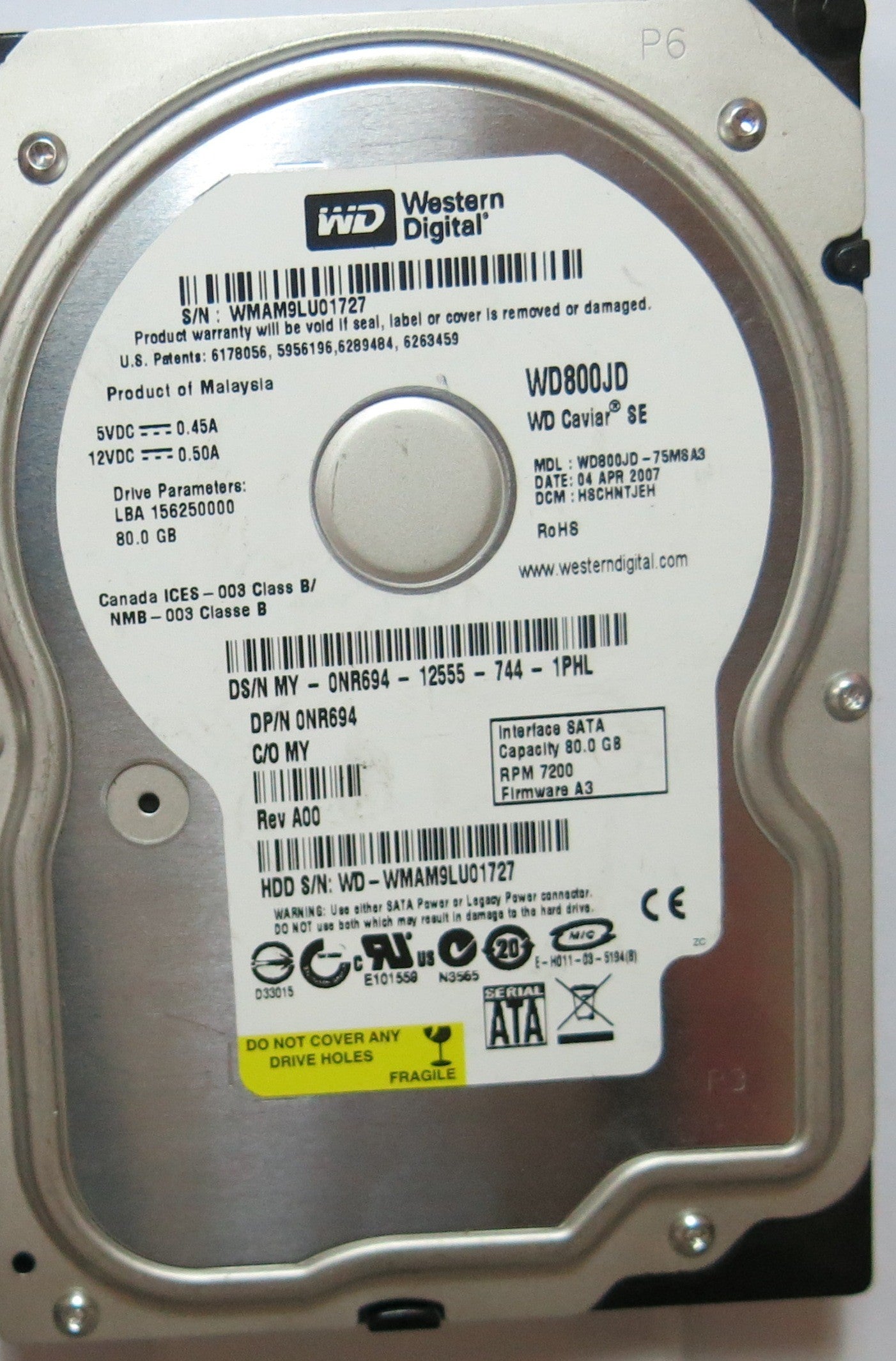 WD800JD-75MSA3 PCB: 2060-701335-005 REV A SERIAL WMAM9LU01727 DCM HSCHNTJEH FW HSCHNTJEH  80,GB