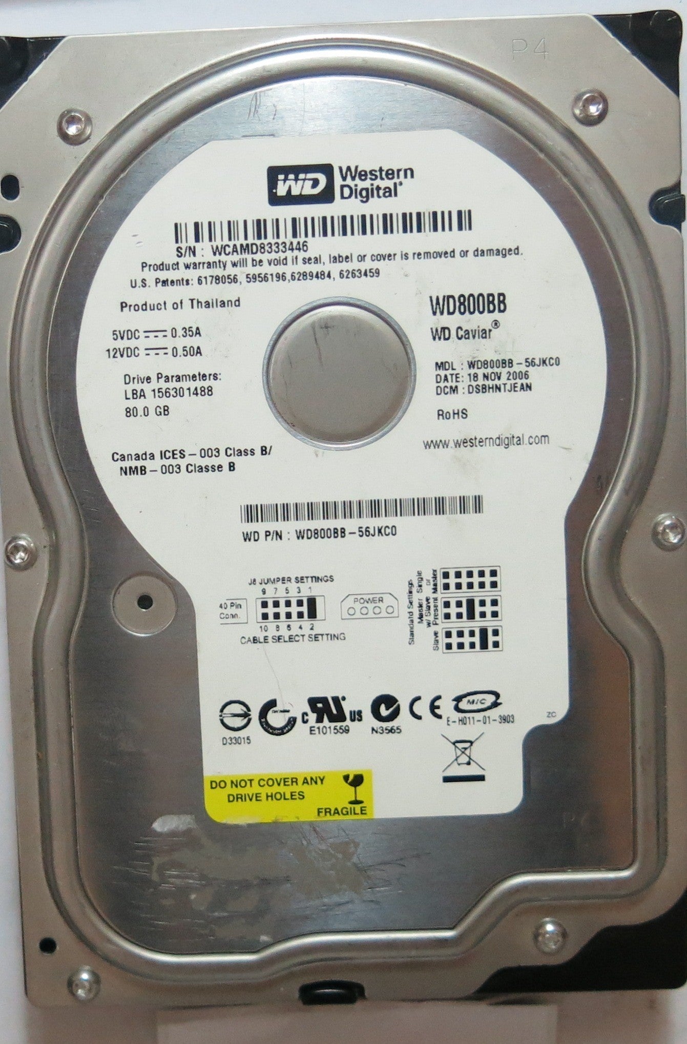 WD800BB'56JKC0 PCB: 2060-701292-002 REV A SERIAL: WCAMD8333446 DCM: DSBHNTJEAN  FW DSBHNTJEAN  80,GB